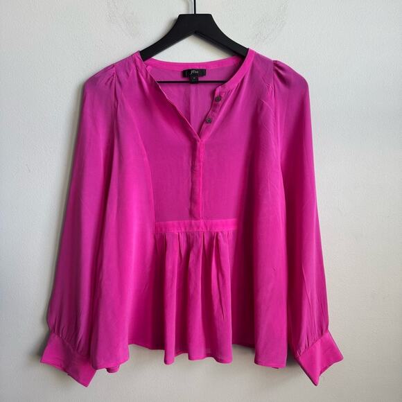 J. Crew Silk Pleated Popover Blouse in Fuchsia Pink Size Medium - Picture 2 of 9